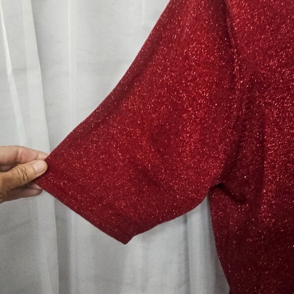 Patchington Tee Blouse Knit Red Metallic Silk Blend Glam Bling Layering L - Picture 2 of 10